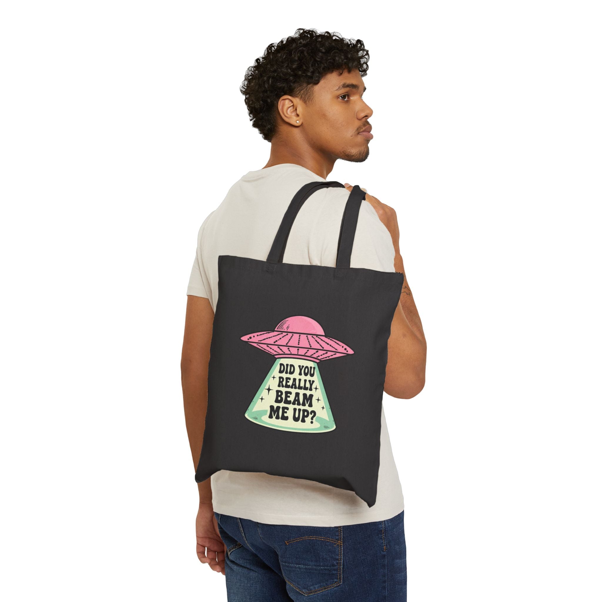 Did You Really Beam Me Up? UFO Tote Bag - Cute Retro Alien Abduction Canvas Shopper