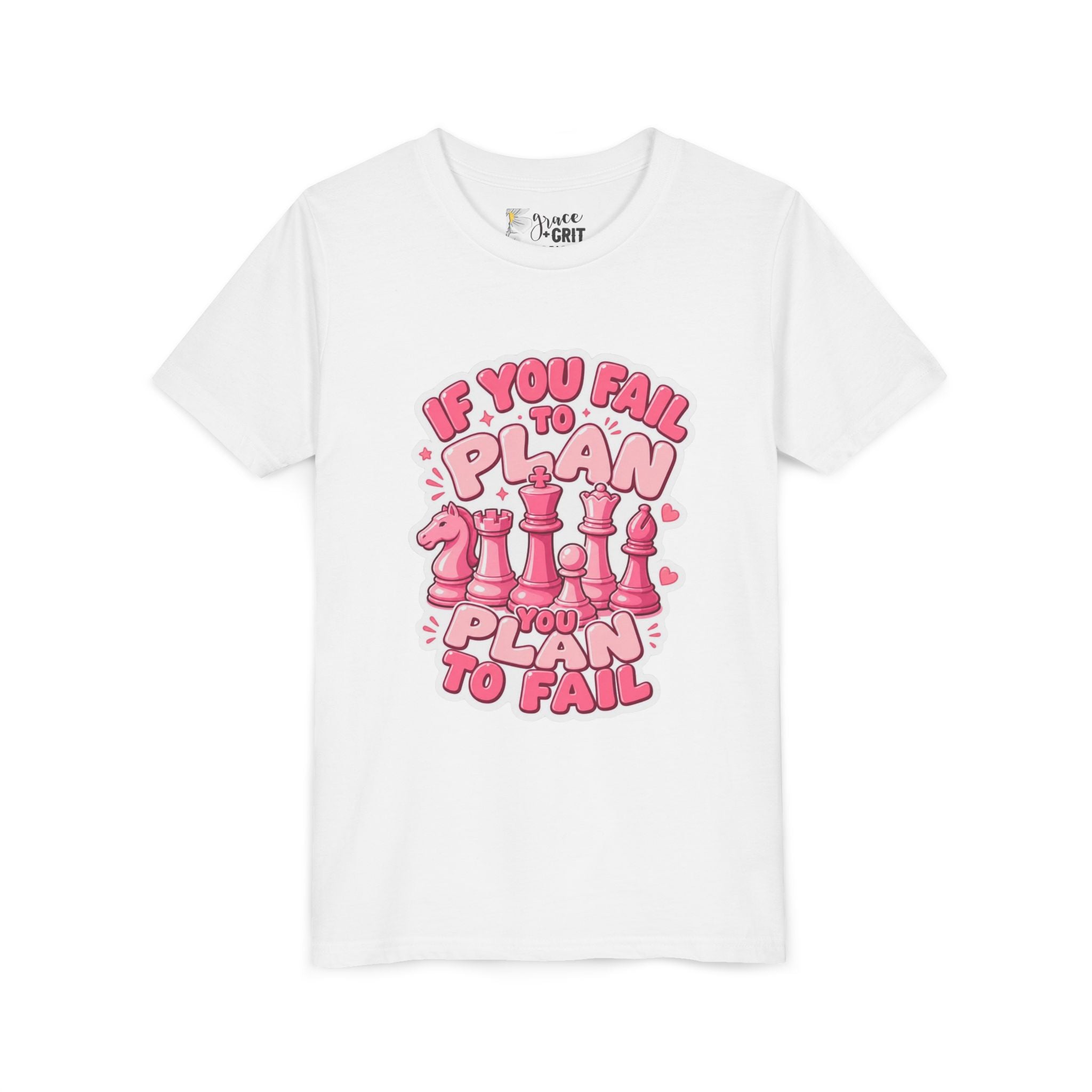 Youth Chess T‑Shirt — "If You Fail to Plan You Plan to Fail" Pink Chess Pieces Tee