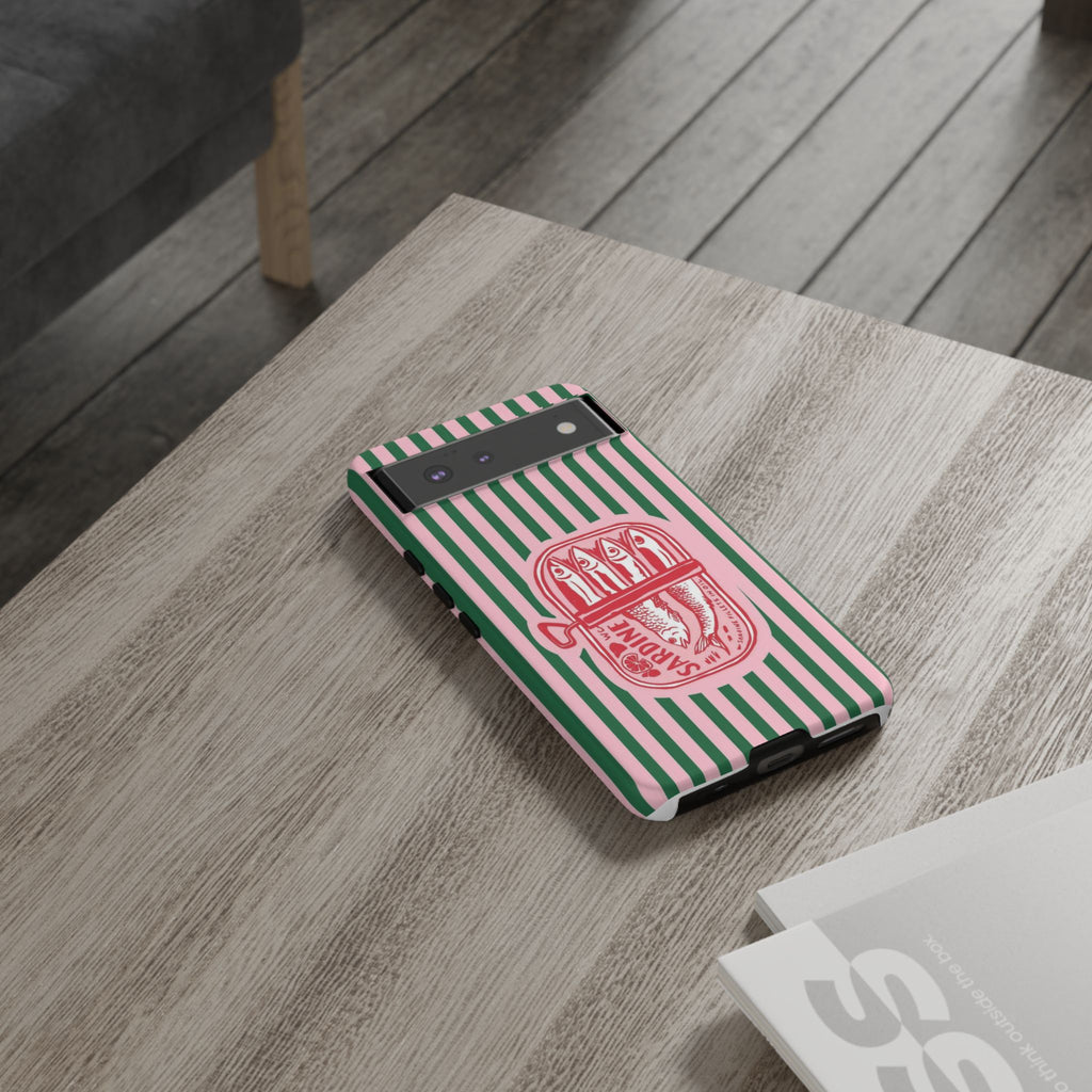 Sardine Stripe Phone Case — Retro Pink & Green Nautical Protection