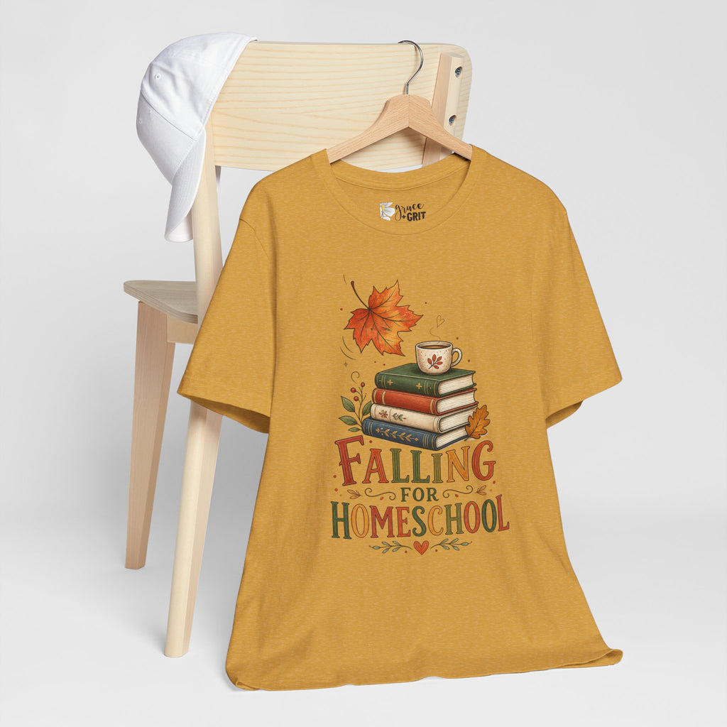Fall Homeschool T‑Shirt – “Falling into Homeschool” Autumn Books & Coffee Tee
