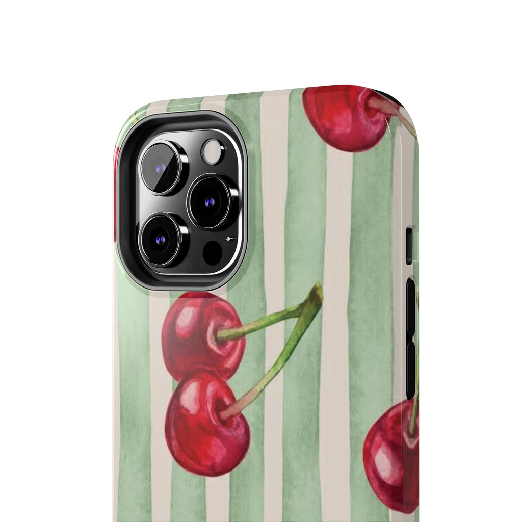 Cherry Stripe Tough Phone Case — Retro Watercolor Cherry Pattern Durable Phone Case