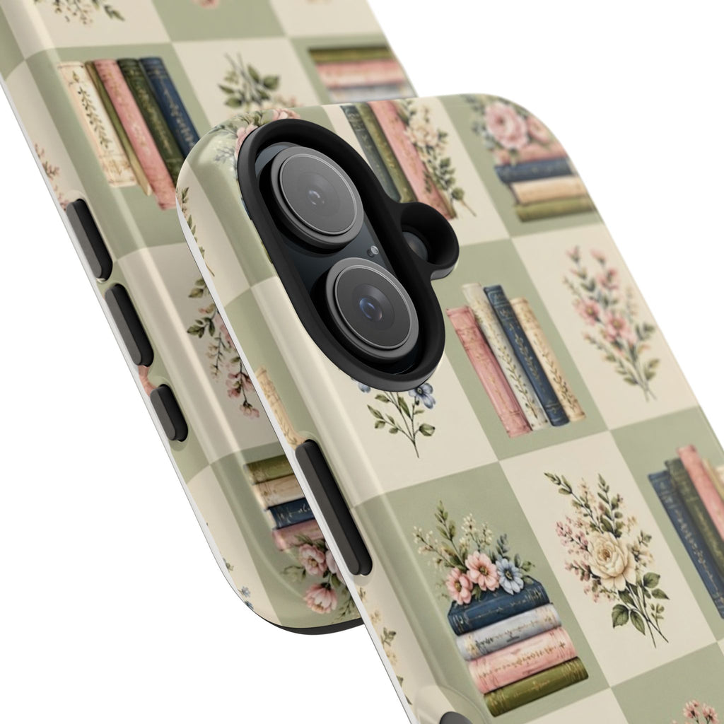 Floral Bookshelf Tough Phone Case — Vintage Floral & Stacked Books Pattern