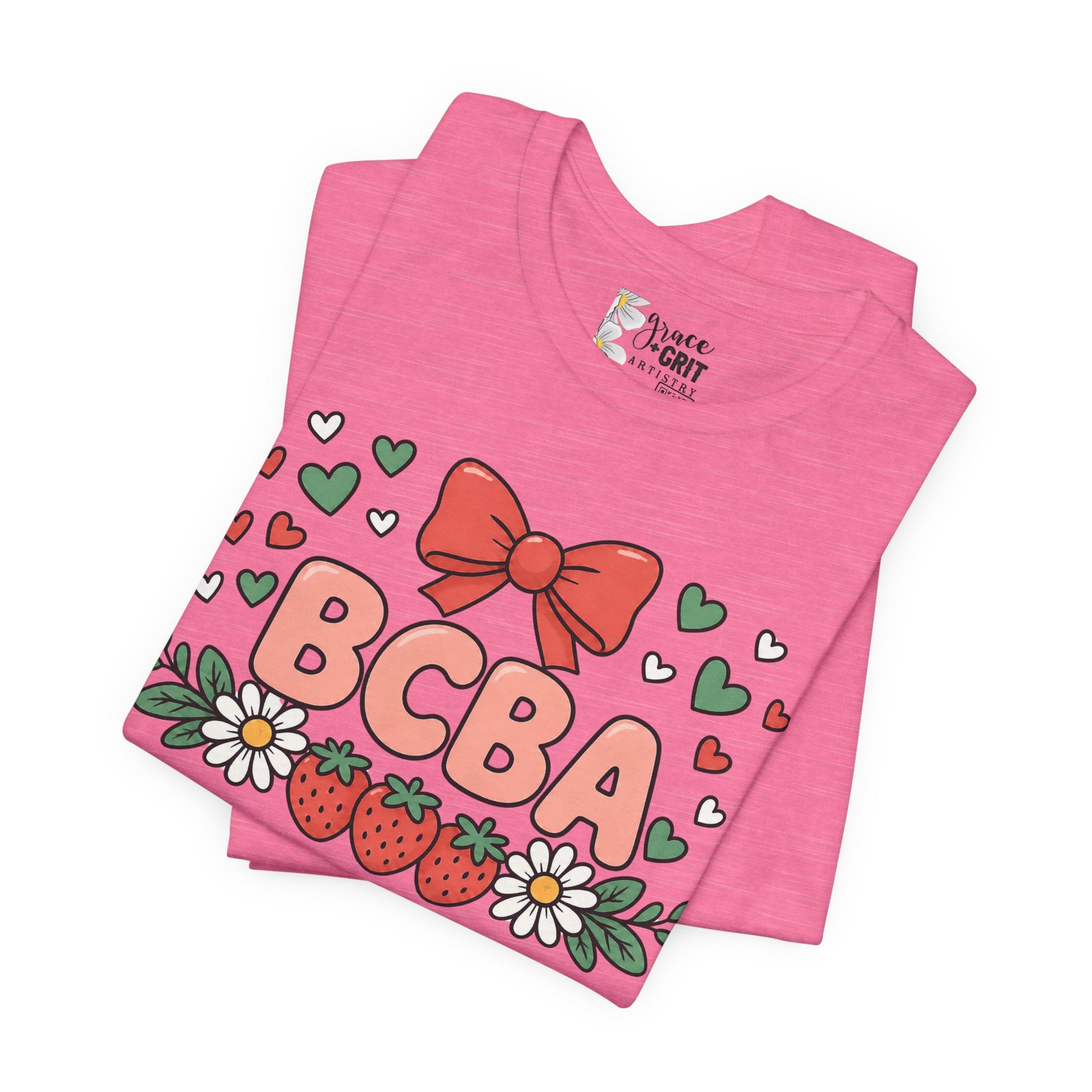 BCBA Strawberry Bow T-Shirt — Cute Floral ABA Therapist Gift