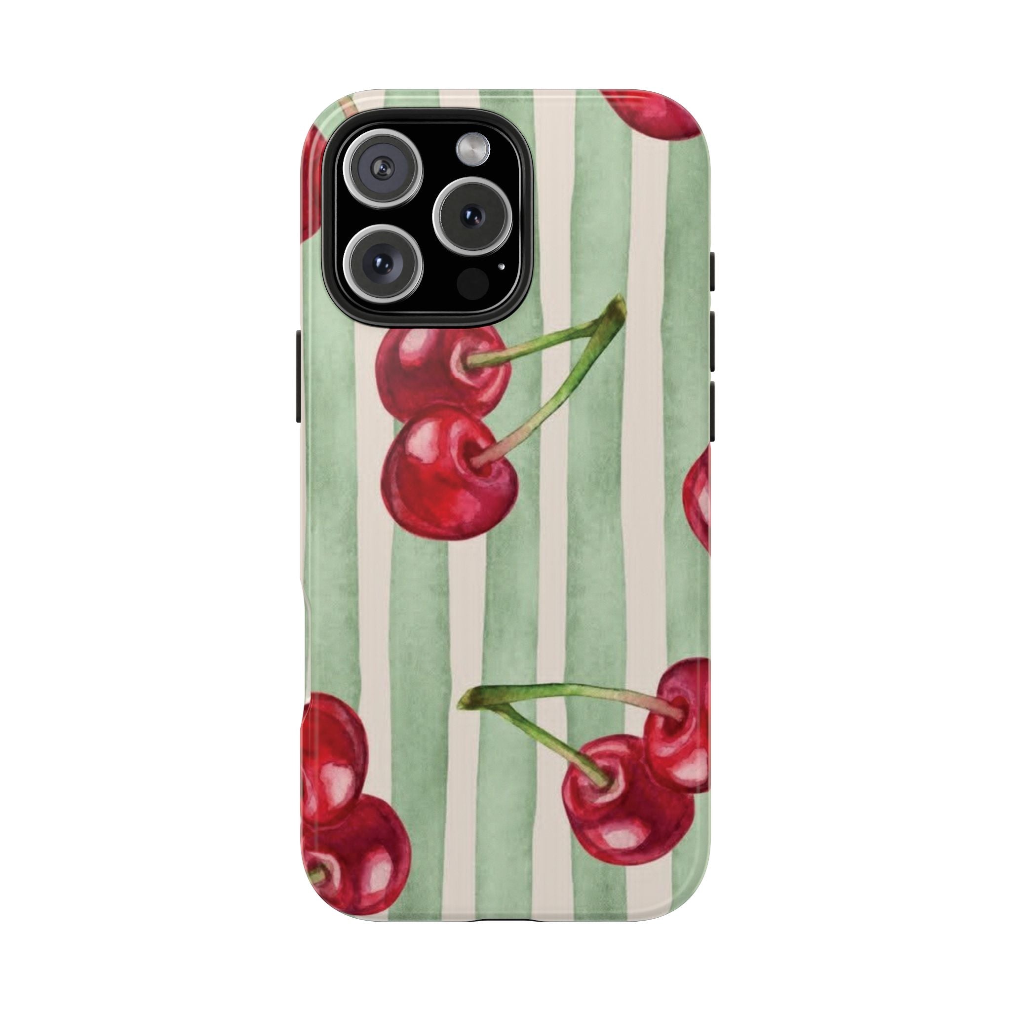 Cherry Stripe Tough Phone Case — Retro Watercolor Cherry Pattern Durable Phone Case