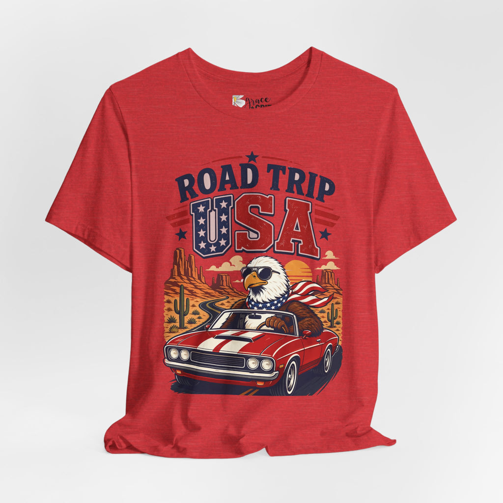 Road Trip USA Tee — Vintage Eagle & Muscle Car Patriotic T‑Shirt