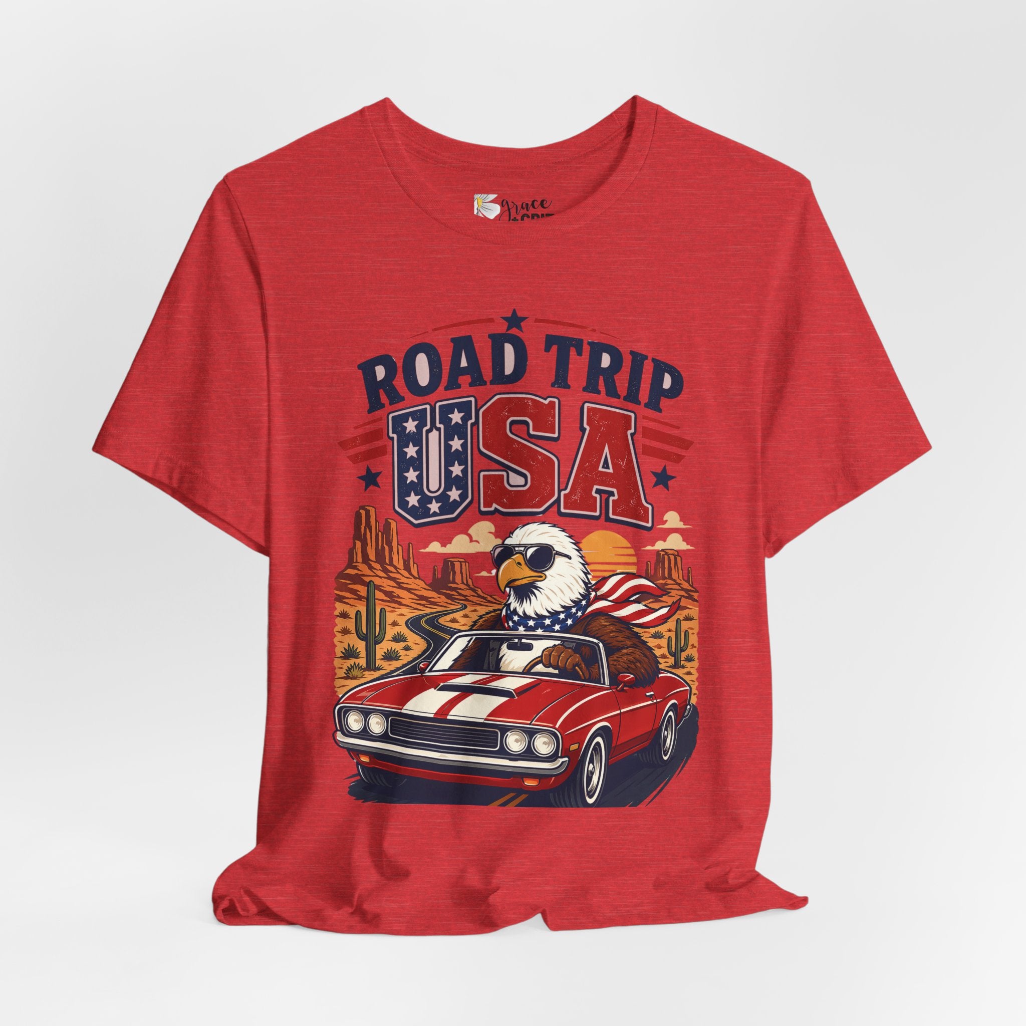 Road Trip USA Tee — Vintage Eagle & Muscle Car Patriotic T‑Shirt