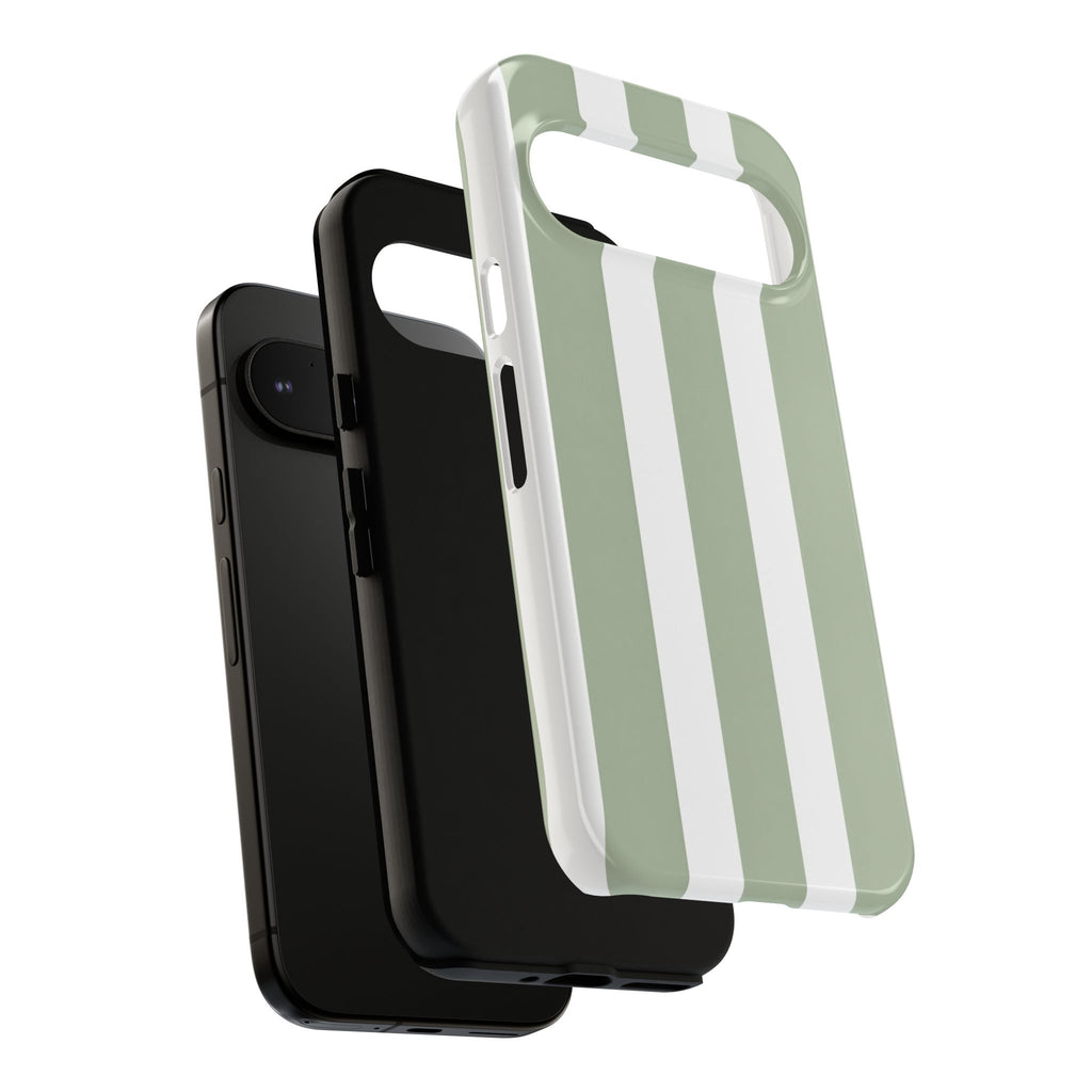 Striped Sage Tough Phone Case — Durable Green & White Vertical Stripe Phone Cover