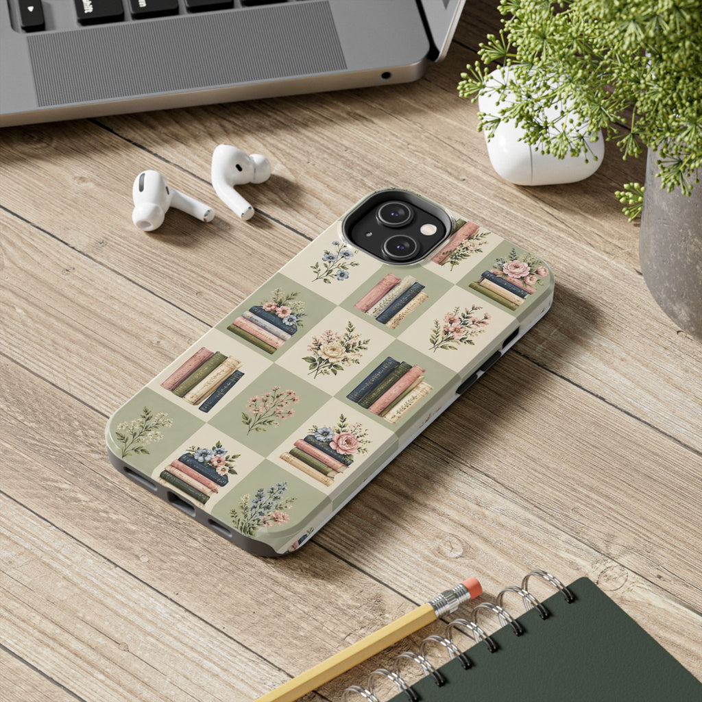 Floral Bookshelf Tough Phone Case — Vintage Floral & Stacked Books Pattern