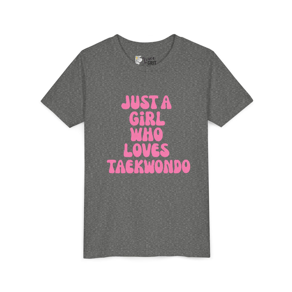 Just a Girl Who Loves Taekwondo Youth Tee | Pink Text Martial Arts Shirt