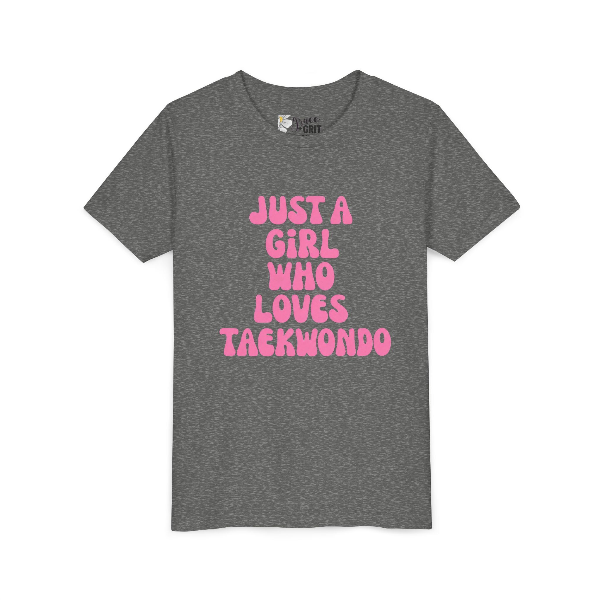 Just a Girl Who Loves Taekwondo Youth Tee | Pink Text Martial Arts Shirt