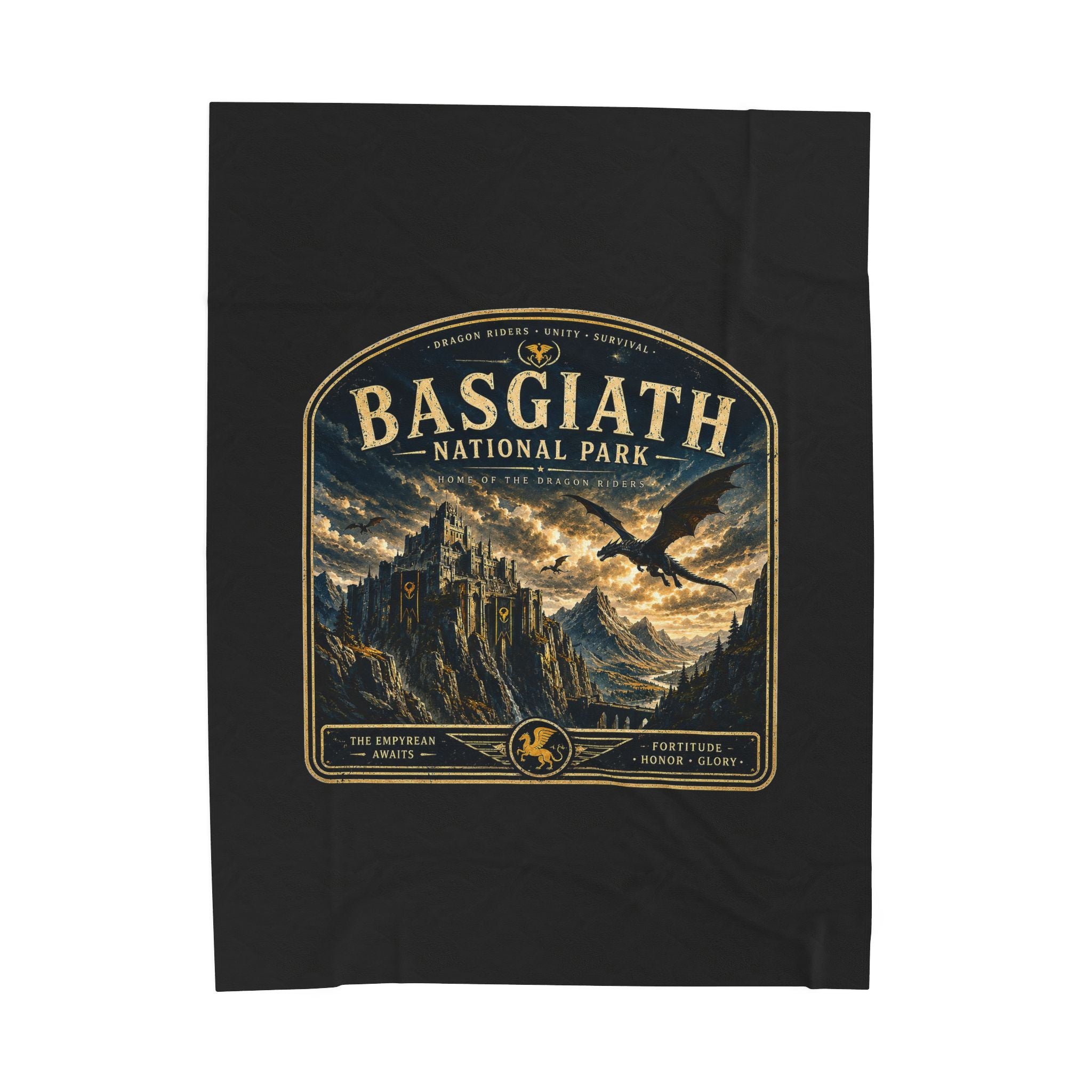 Basgiath National Park Velveteen Plush Blanket — Fantasy Castle & Dragon Scenic Throw
