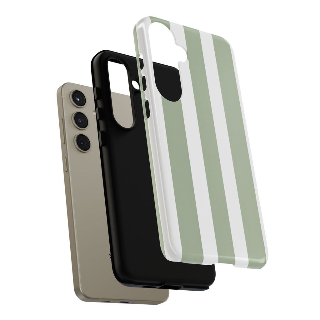 Striped Sage Tough Phone Case — Durable Green & White Vertical Stripe Phone Cover