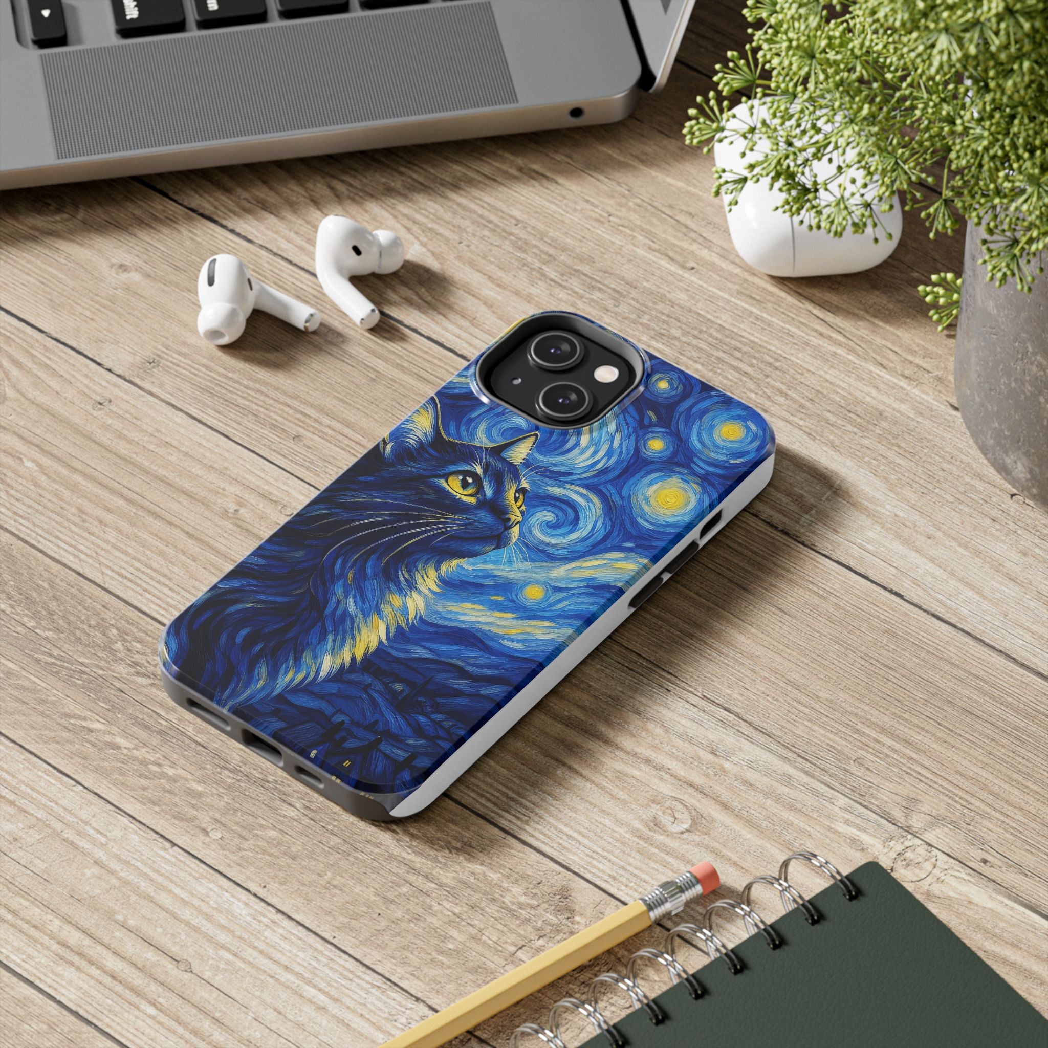 Starry Night Cat Tough Phone Case — Van Gogh Style Galaxy Kitten Protective Cover