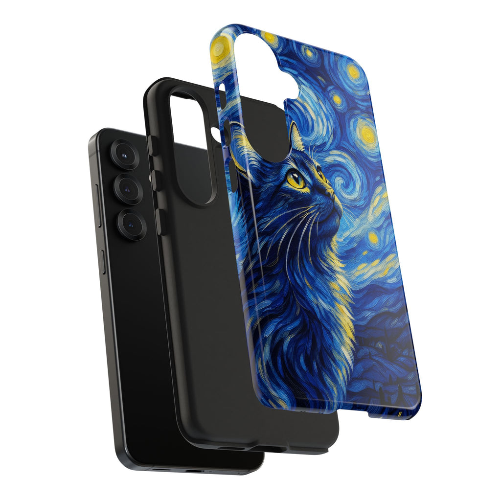 Starry Night Cat Tough Phone Case — Van Gogh Style Galaxy Kitten Protective Cover