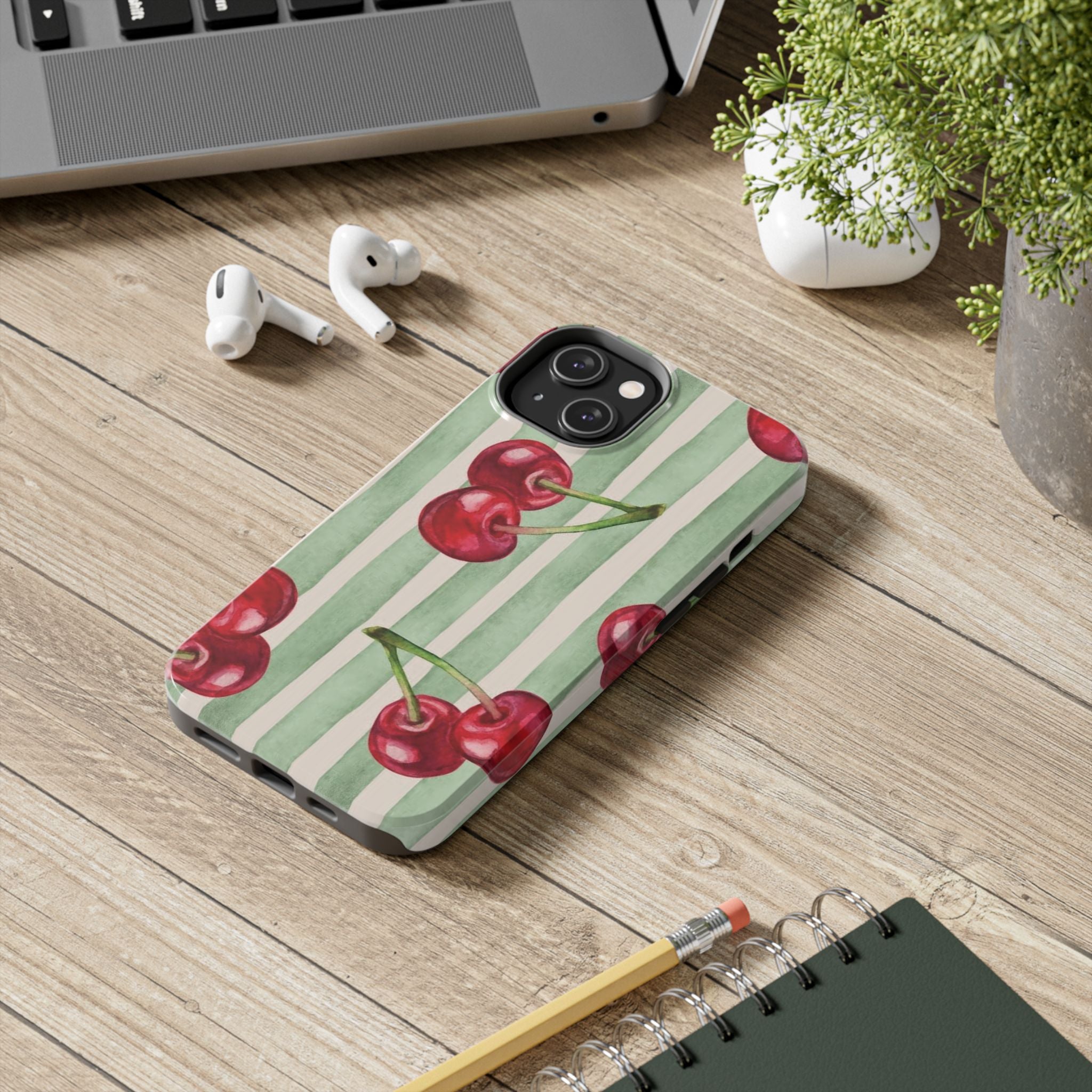 Cherry Stripe Tough Phone Case — Retro Watercolor Cherry Pattern Durable Phone Case