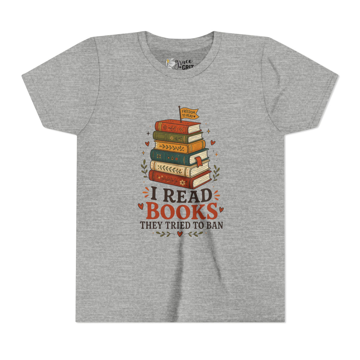 Youth Book Lover T‑Shirt — "I Read Books They Tried To Ban" Stack Graphic