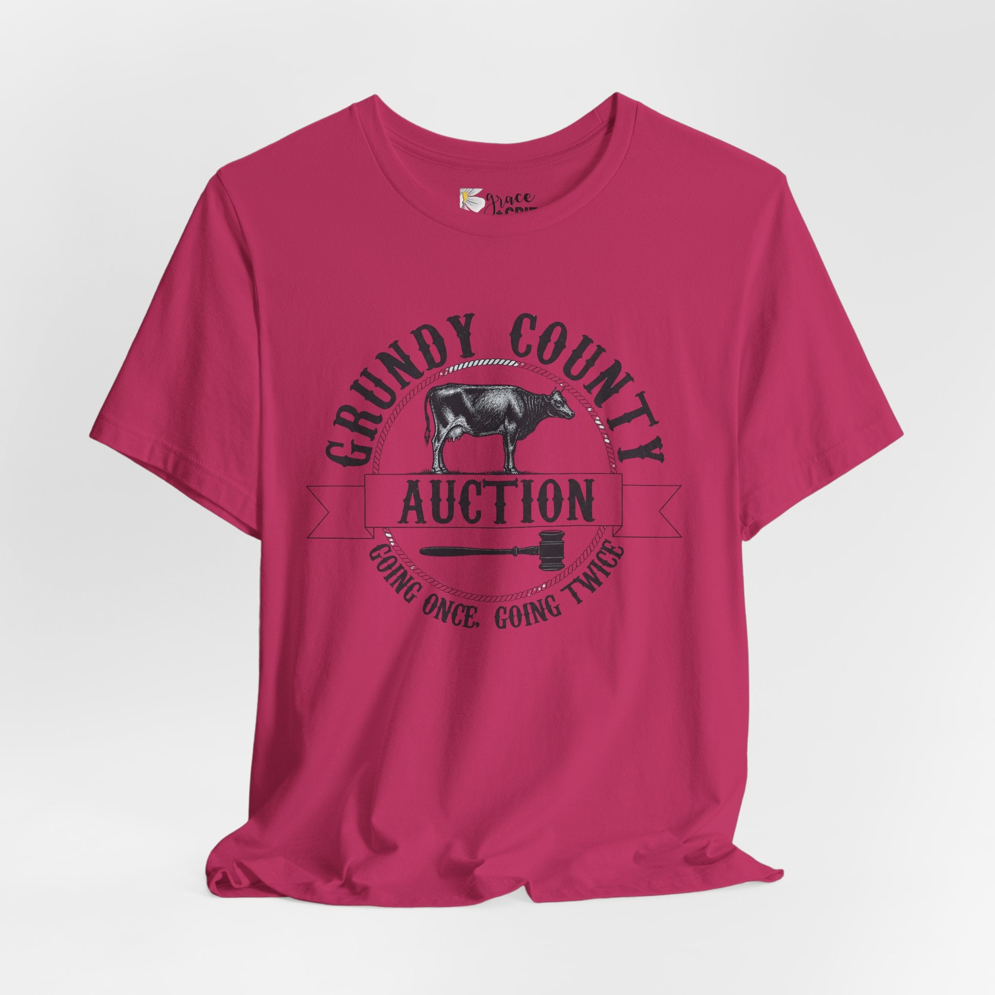 Grundy County Auction Tee — 'Going Once, Going Twice' Farm Livestock Graphic T‑Shirt