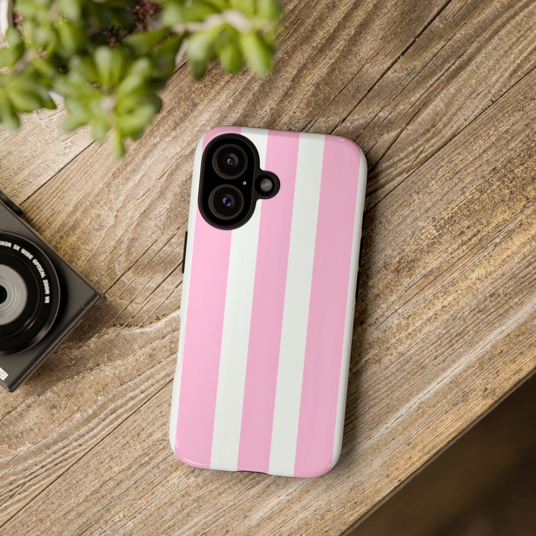 Pink & White Striped Tough Phone Case — Durable Protective Phone Cover