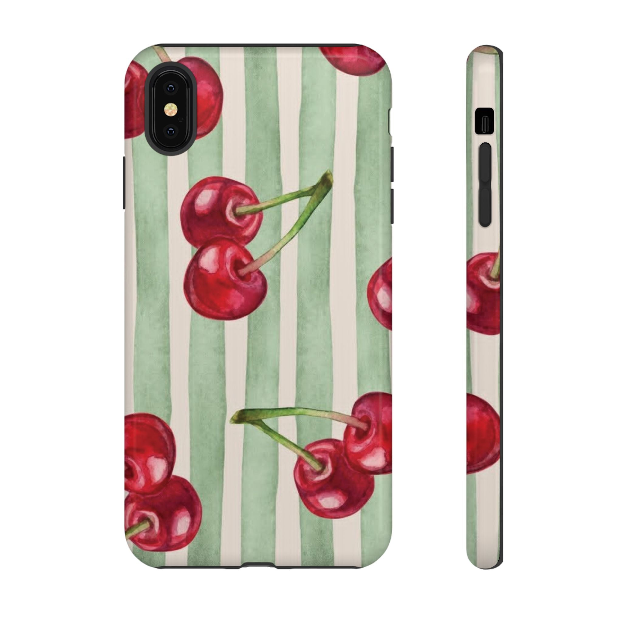 Cherry Stripe Phone Case – Retro Watercolor Cherries on Mint Stripes