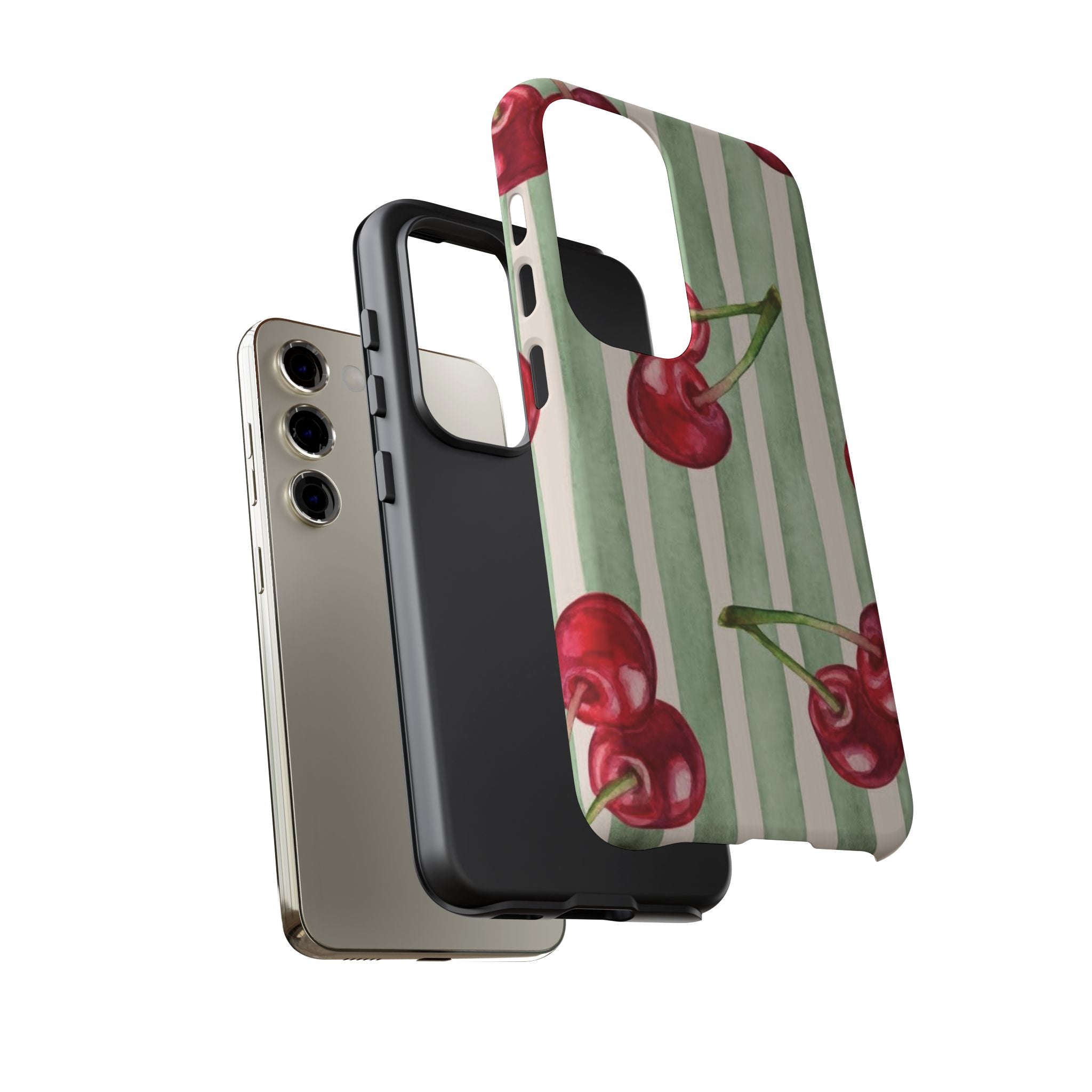 Cherry Stripe Phone Case – Retro Watercolor Cherries on Mint Stripes
