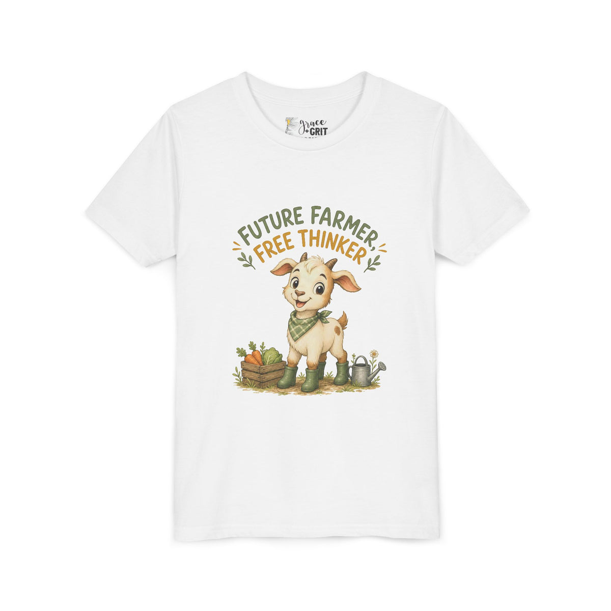 Youth Tee — "Future Farmer, Free Thinker" Cute Goat Kids Shirt