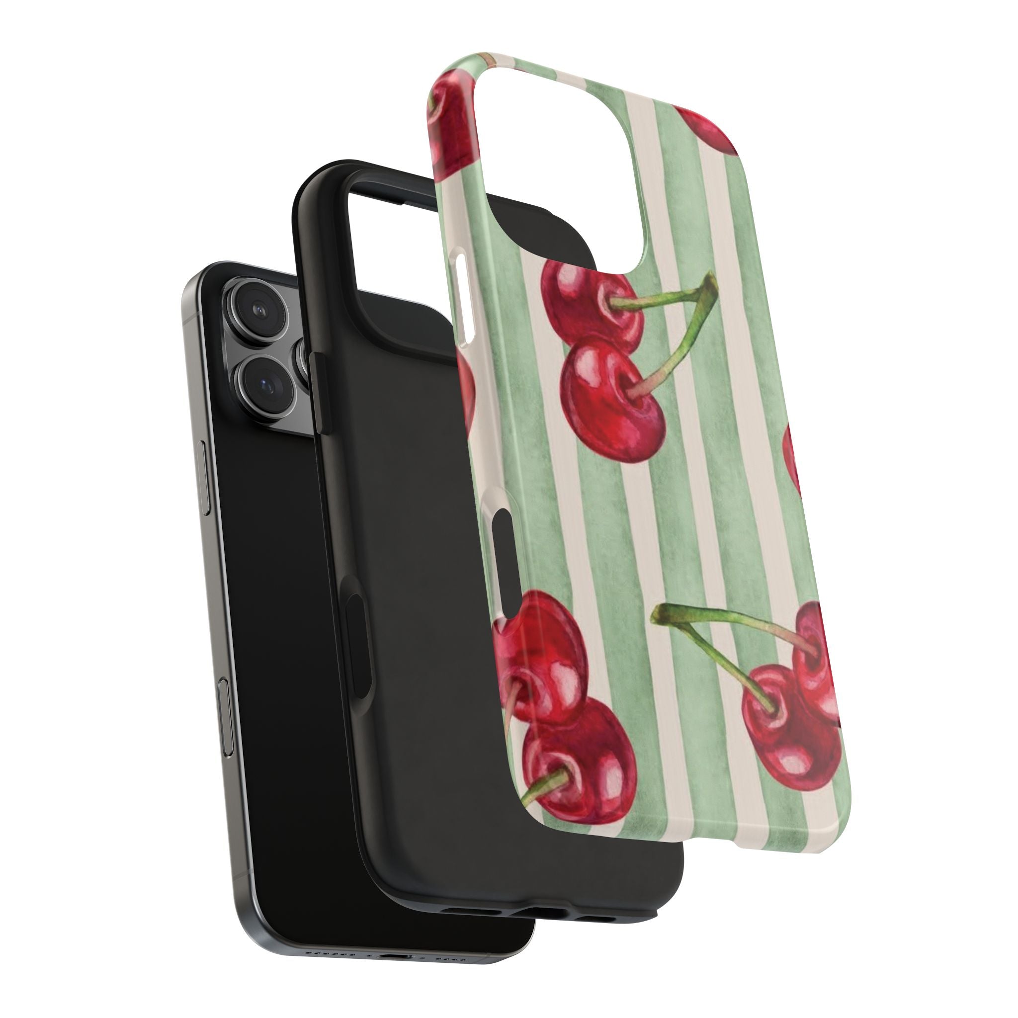Cherry Stripe Tough Phone Case — Retro Watercolor Cherry Pattern Durable Phone Case