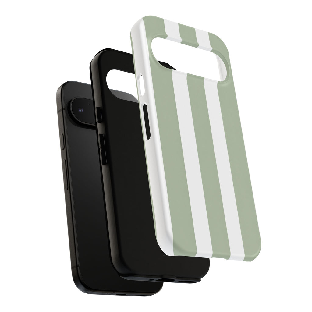 Striped Sage Tough Phone Case — Durable Green & White Vertical Stripe Phone Cover
