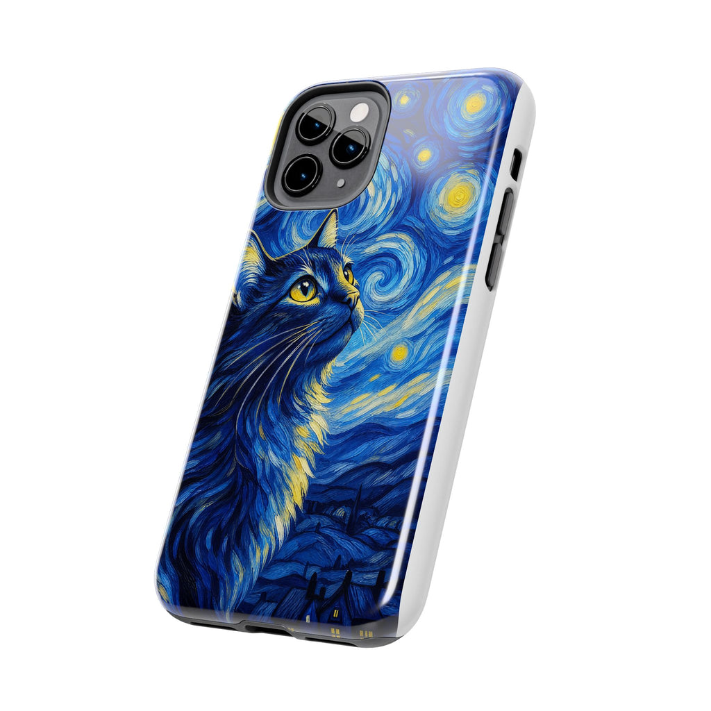Starry Night Cat Tough Phone Case — Van Gogh Style Galaxy Kitten Protective Cover