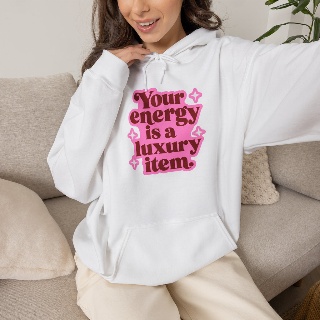 Hoodie — "Your Energy Is a Luxury Item" Pink Retro Graphic