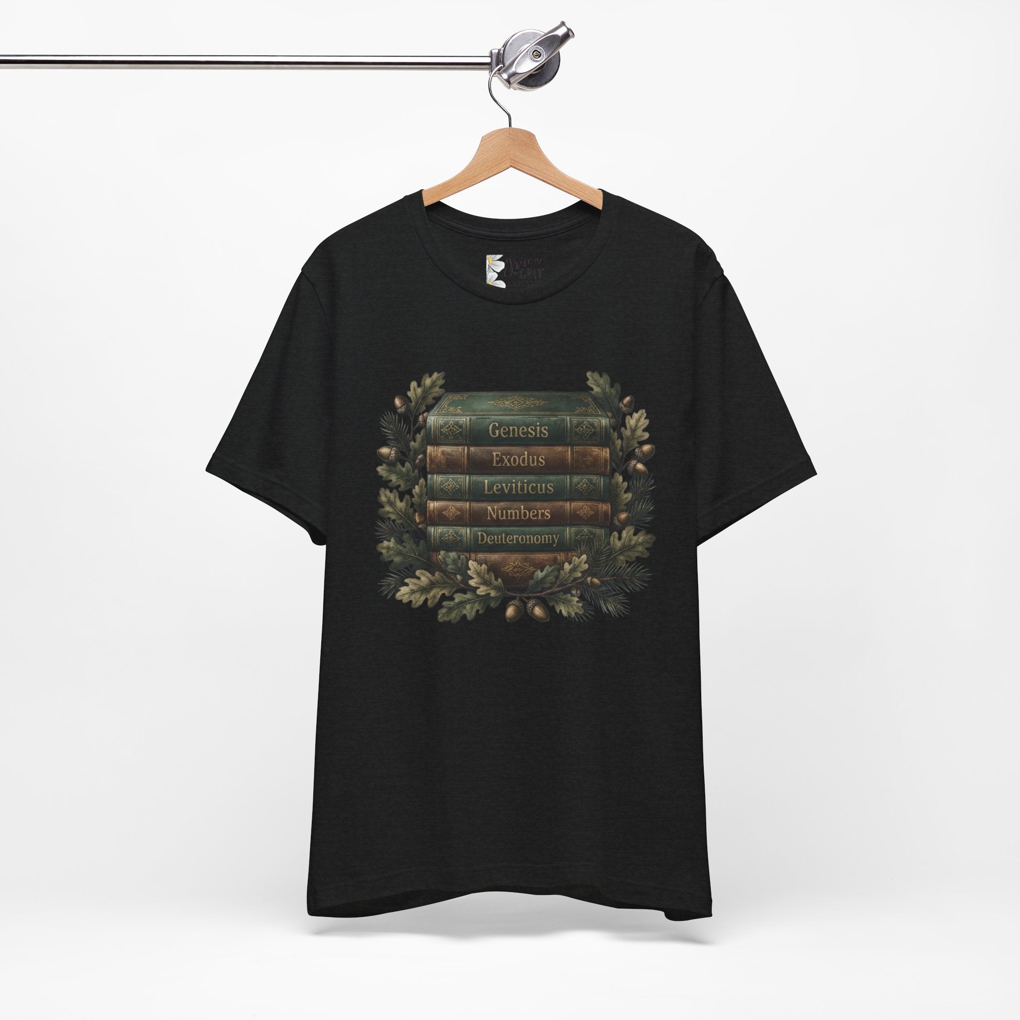 Bible Verse Stack T-Shirt — Genesis Exodus Leviticus Numbers Deuteronomy Floral Graphic