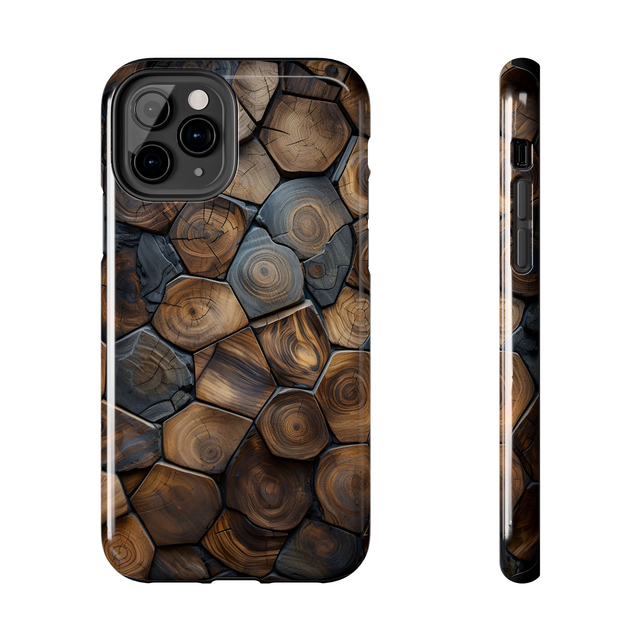 Woodgrain Hex Pattern Tough Phone Case — Rustic Log Cross-Section Design