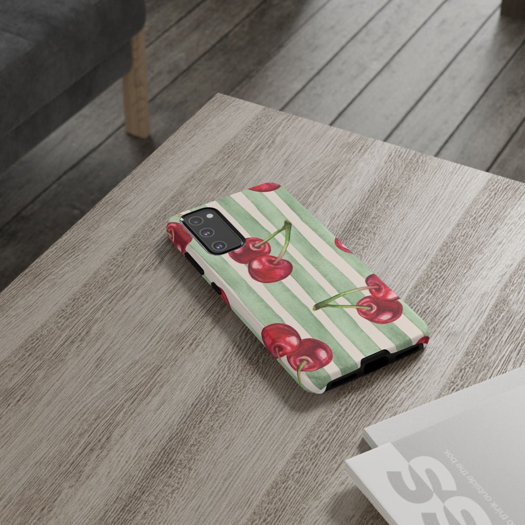 Cherry Stripe Phone Case – Retro Watercolor Cherries on Mint Stripes