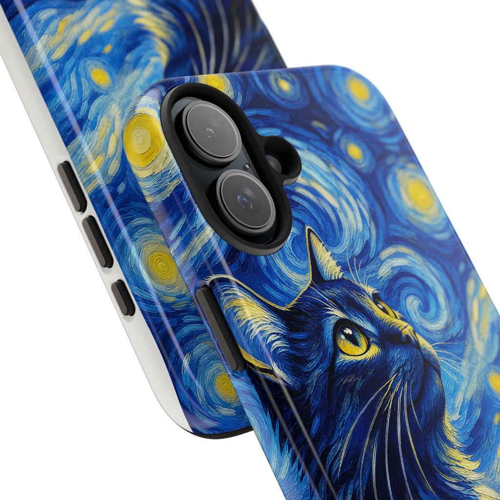 Starry Night Cat Tough Phone Case — Van Gogh Style Galaxy Kitten Protective Cover