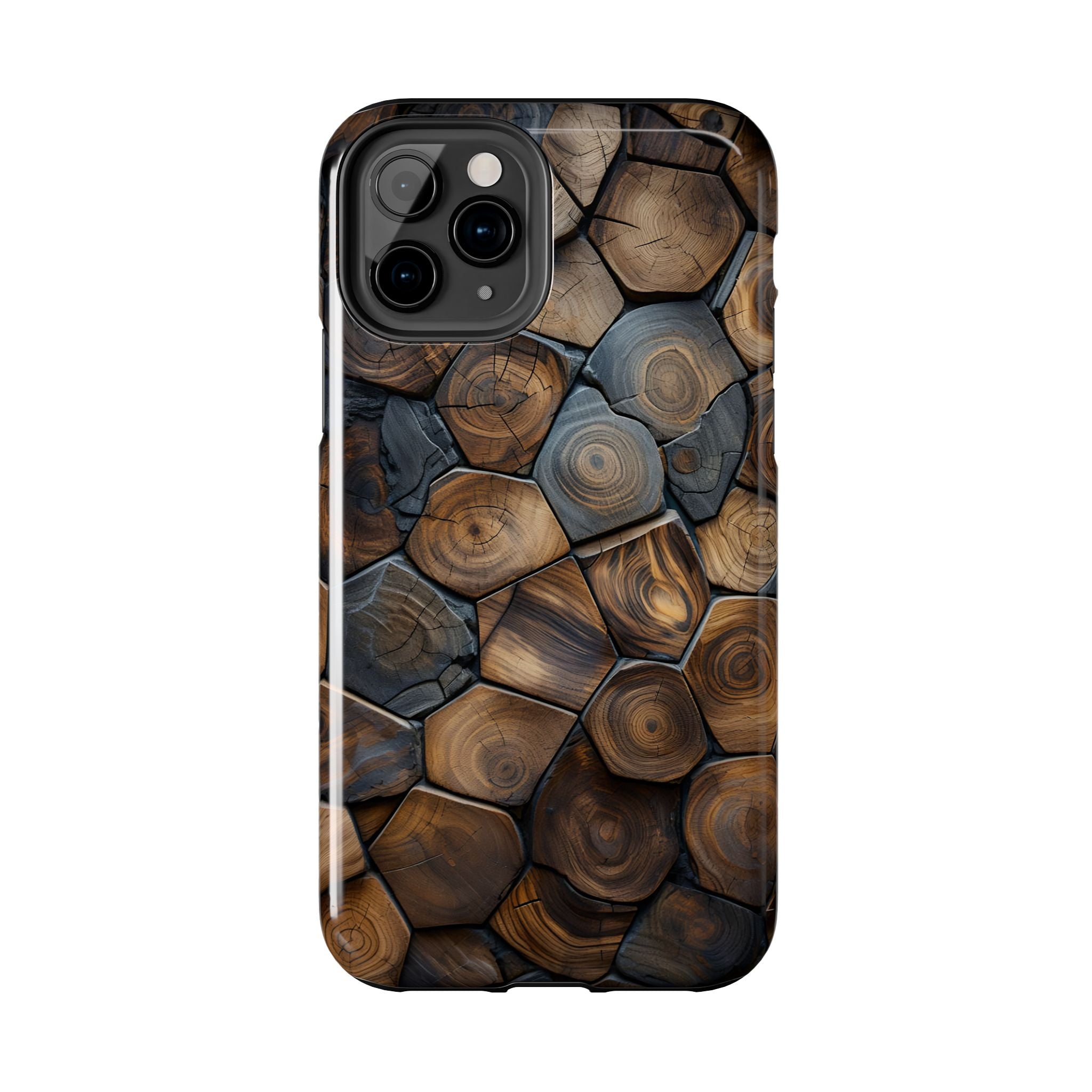 Woodgrain Hex Pattern Tough Phone Case — Rustic Log Cross-Section Design