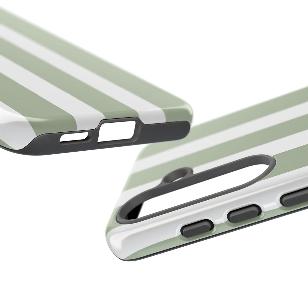 Striped Sage Tough Phone Case — Durable Green & White Vertical Stripe Phone Cover