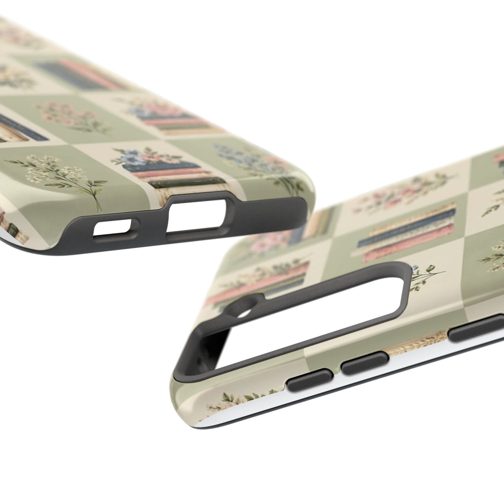 Floral Bookshelf Tough Phone Case — Vintage Floral & Stacked Books Pattern