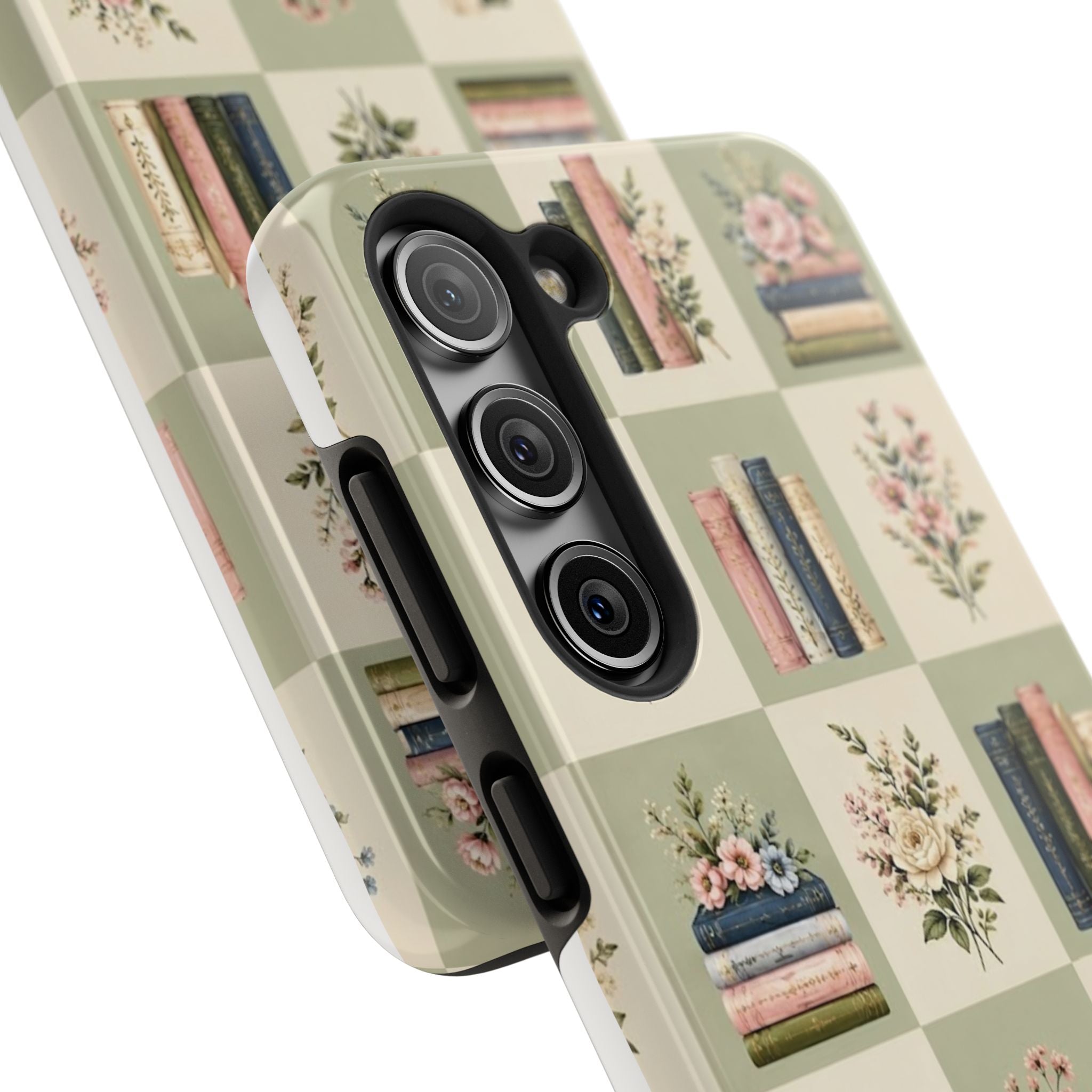Floral Bookshelf Tough Phone Case — Vintage Floral & Stacked Books Pattern