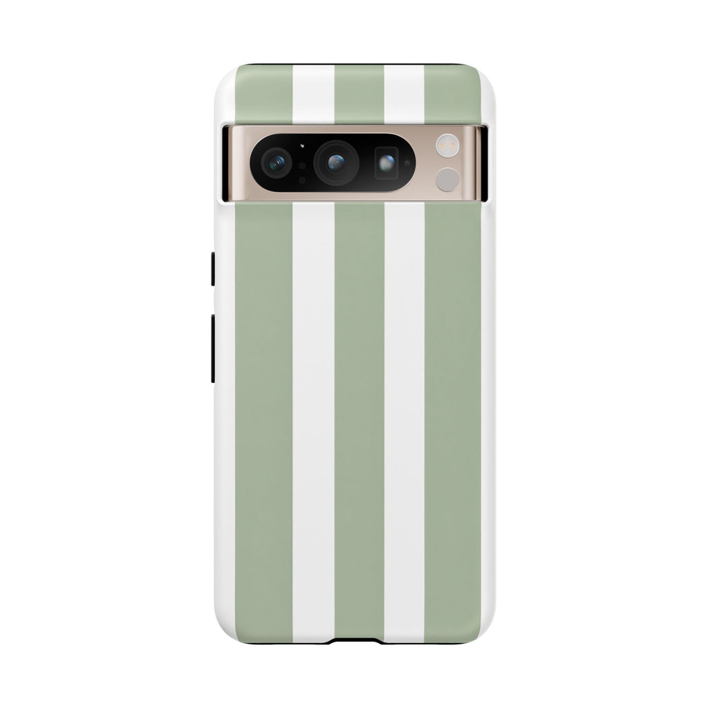 Striped Sage Tough Phone Case — Durable Green & White Vertical Stripe Phone Cover