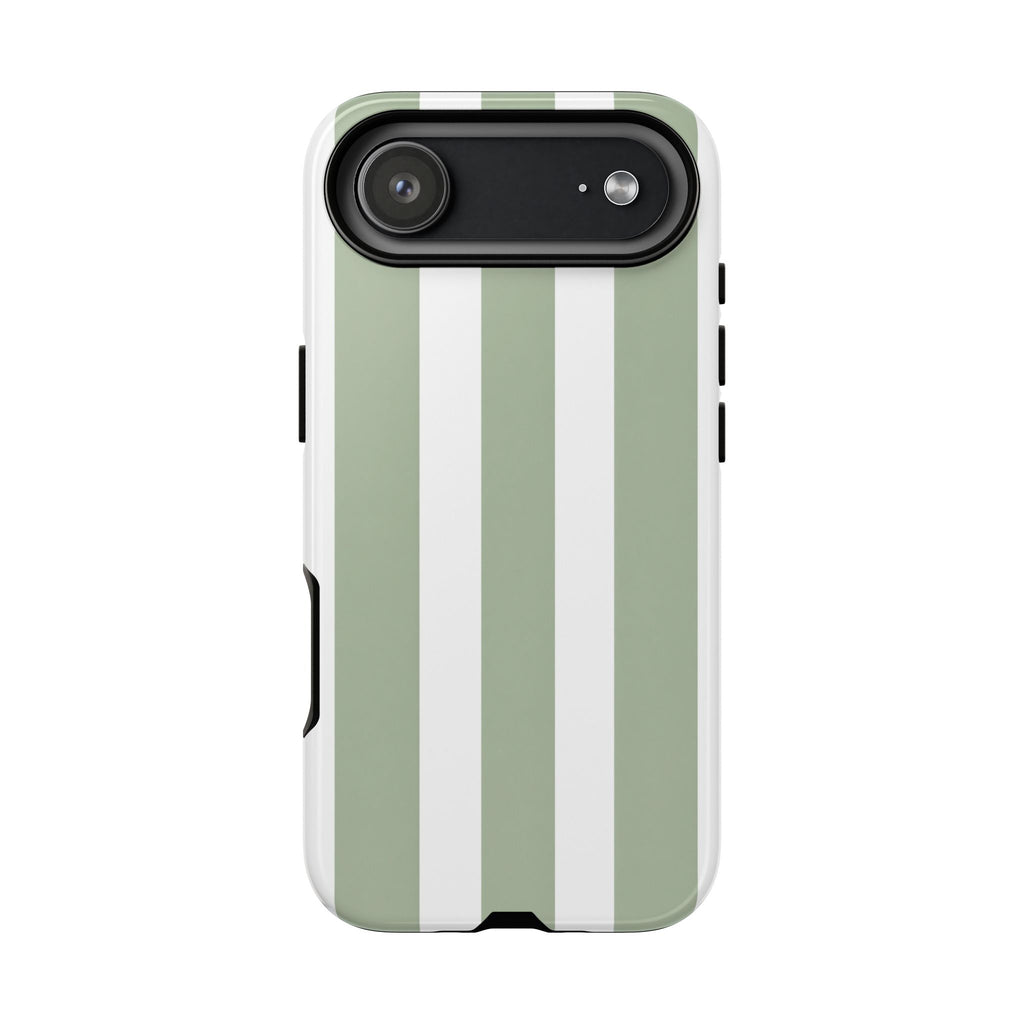 Striped Sage Tough Phone Case — Durable Green & White Vertical Stripe Phone Cover