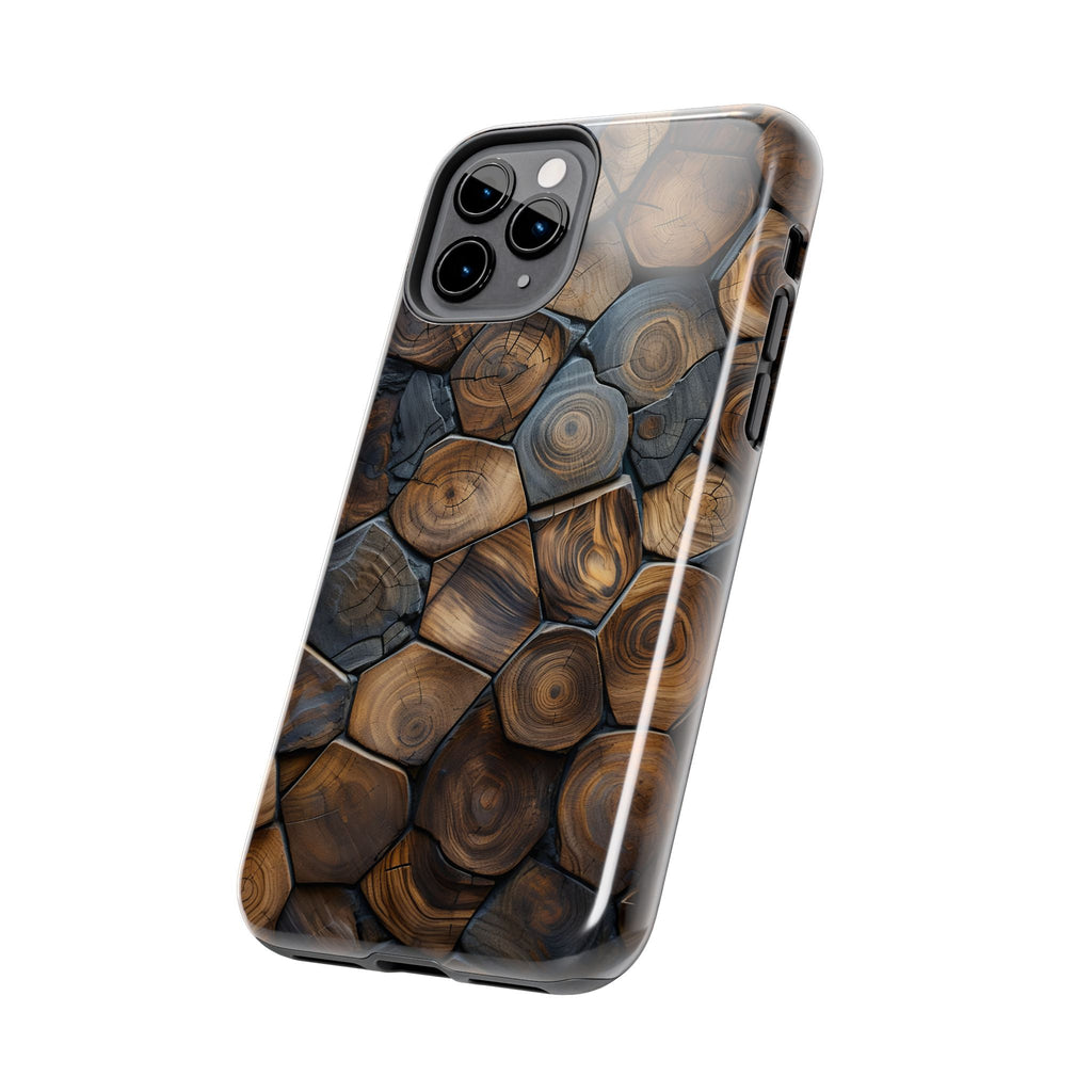 Woodgrain Hex Pattern Tough Phone Case — Rustic Log Cross-Section Design