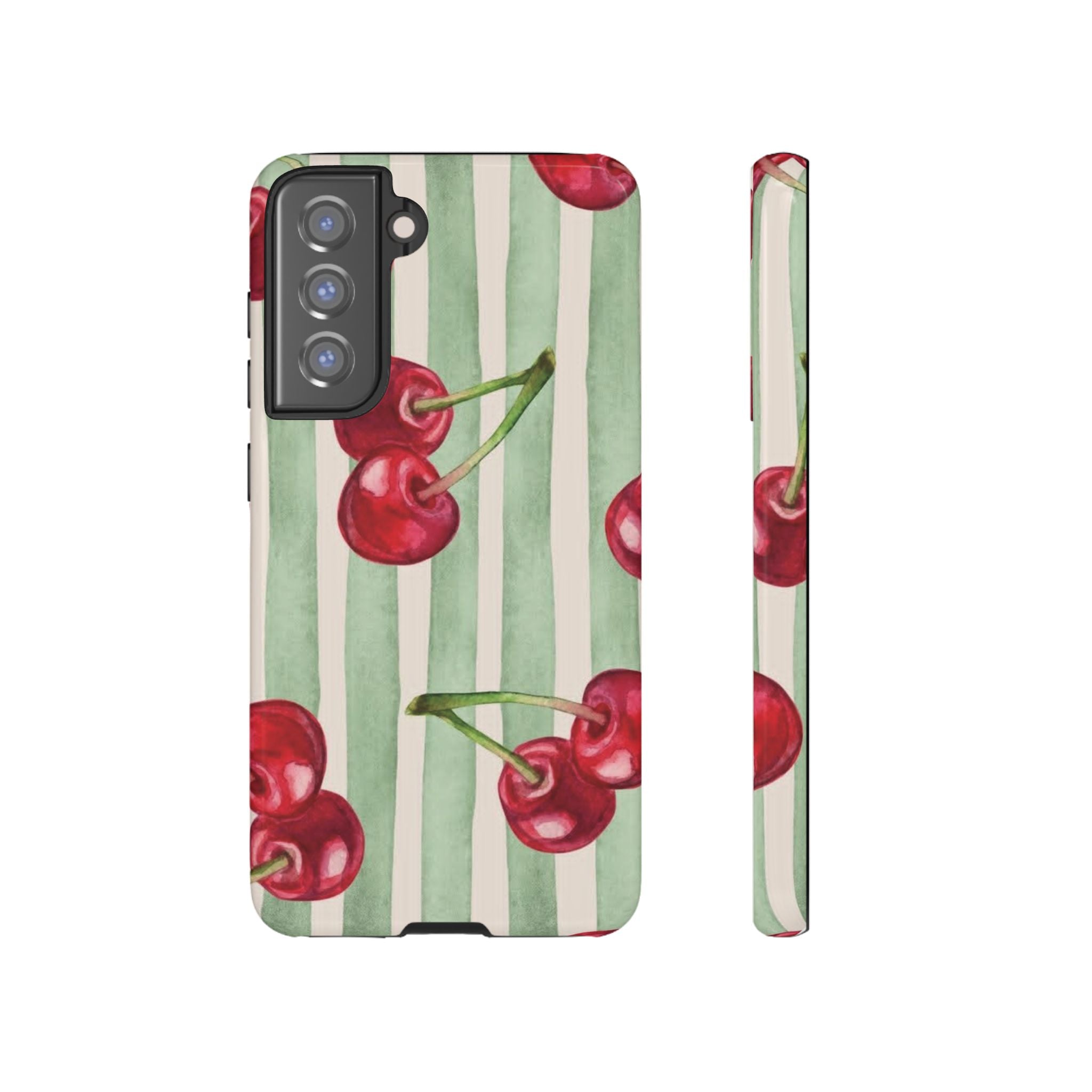 Cherry Stripe Phone Case – Retro Watercolor Cherries on Mint Stripes
