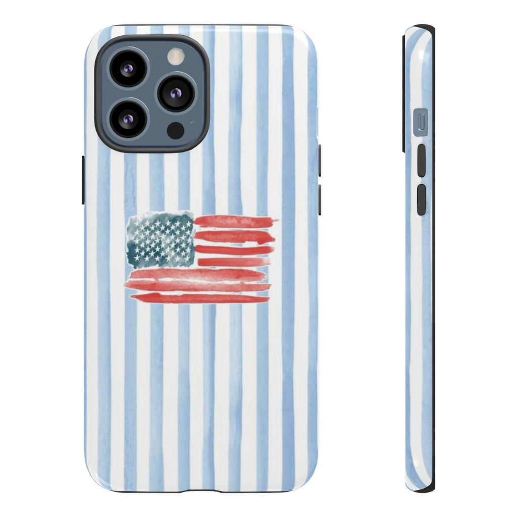 American Flag Watercolor Phone Case - Blue Stripe Tough Case