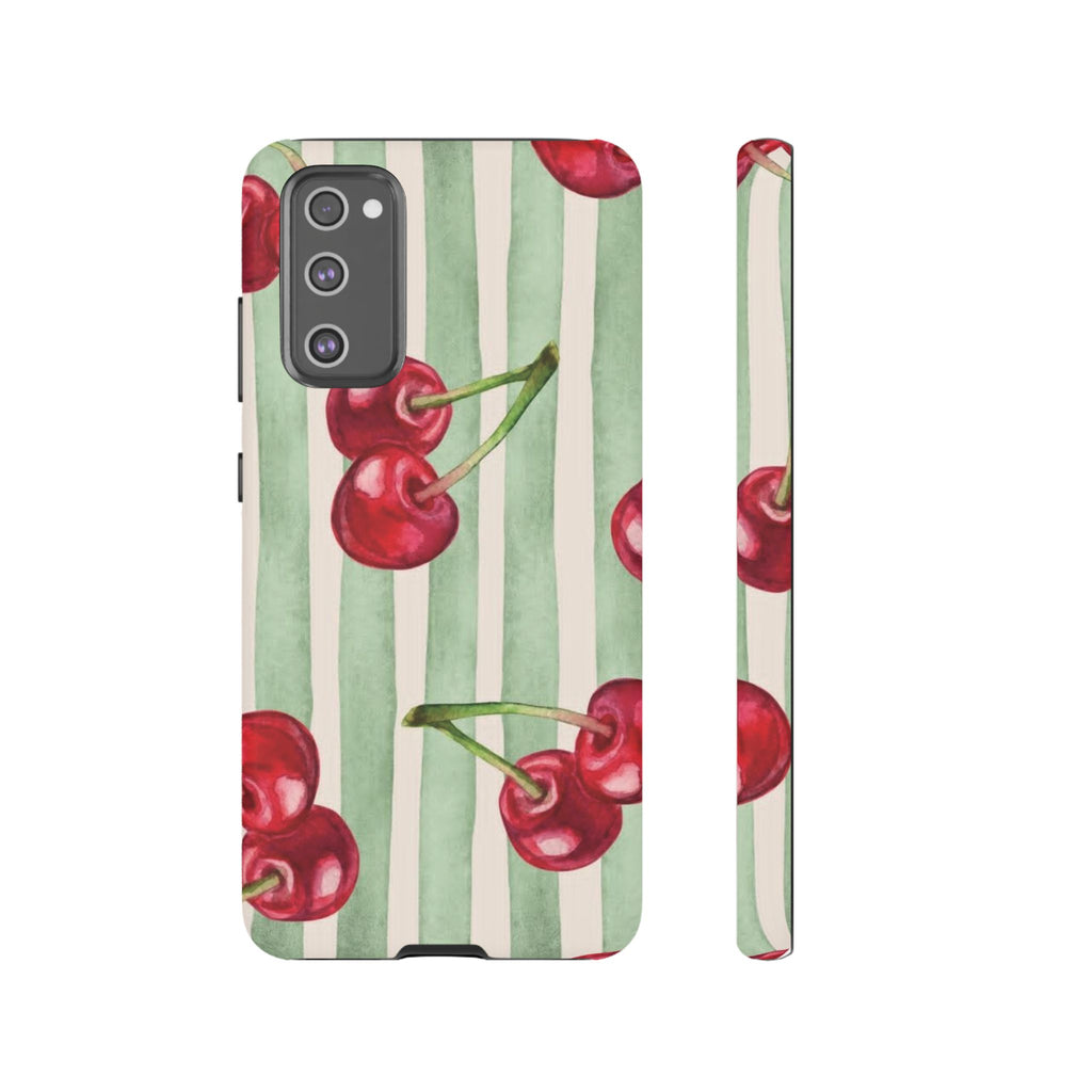 Cherry Stripe Phone Case – Retro Watercolor Cherries on Mint Stripes