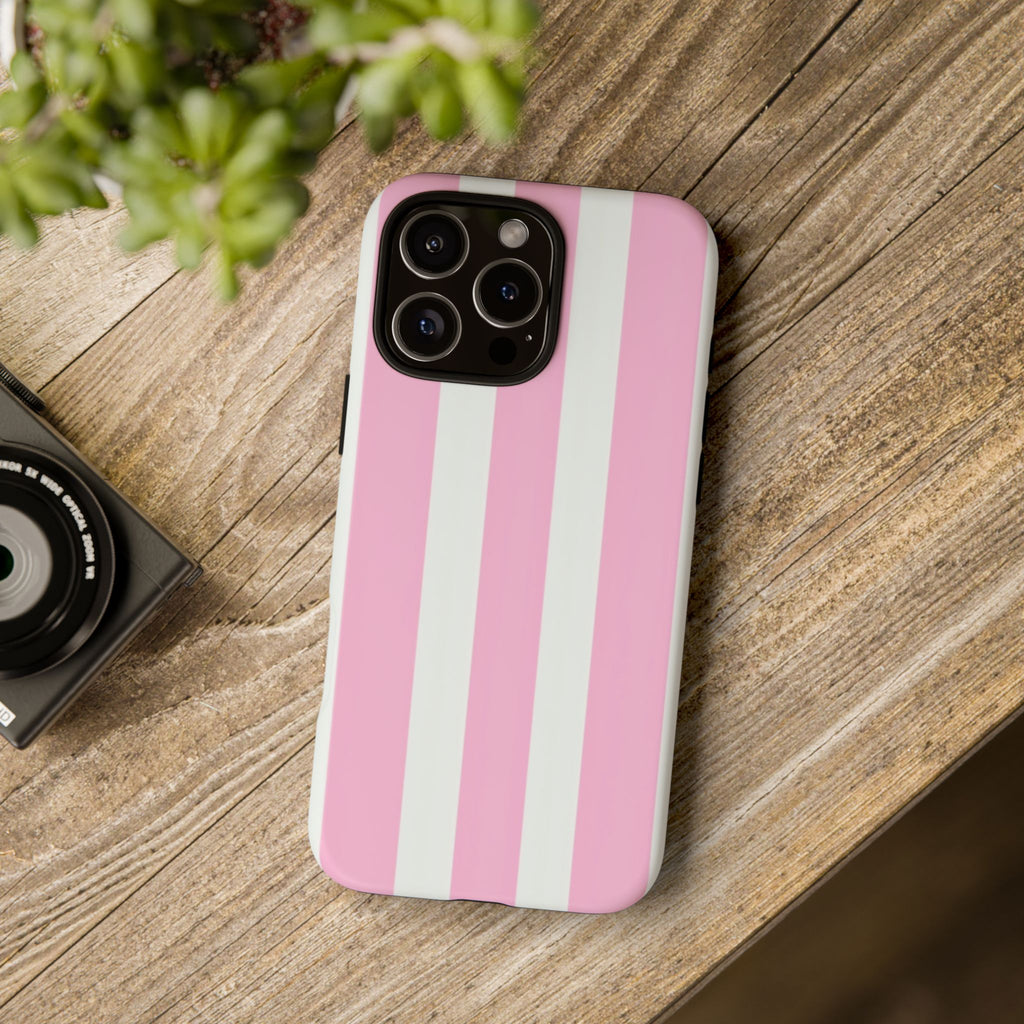 Pink & White Striped Tough Phone Case — Durable Protective Phone Cover