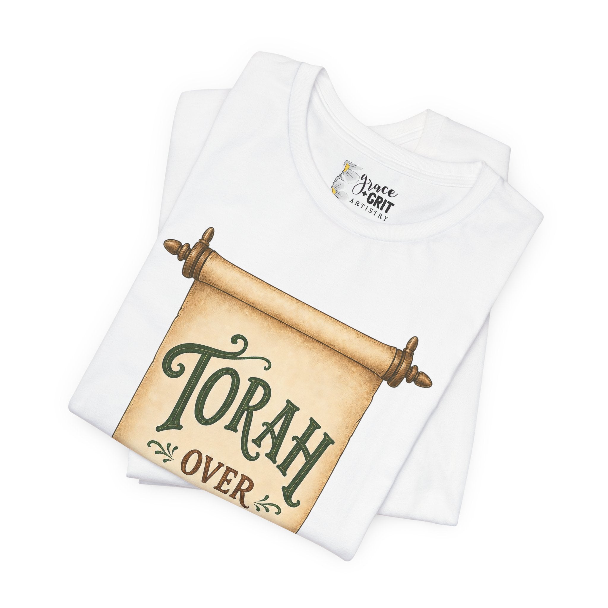 Torah Over Traditions Tee | Scroll Typography Jewish Faith Shirt