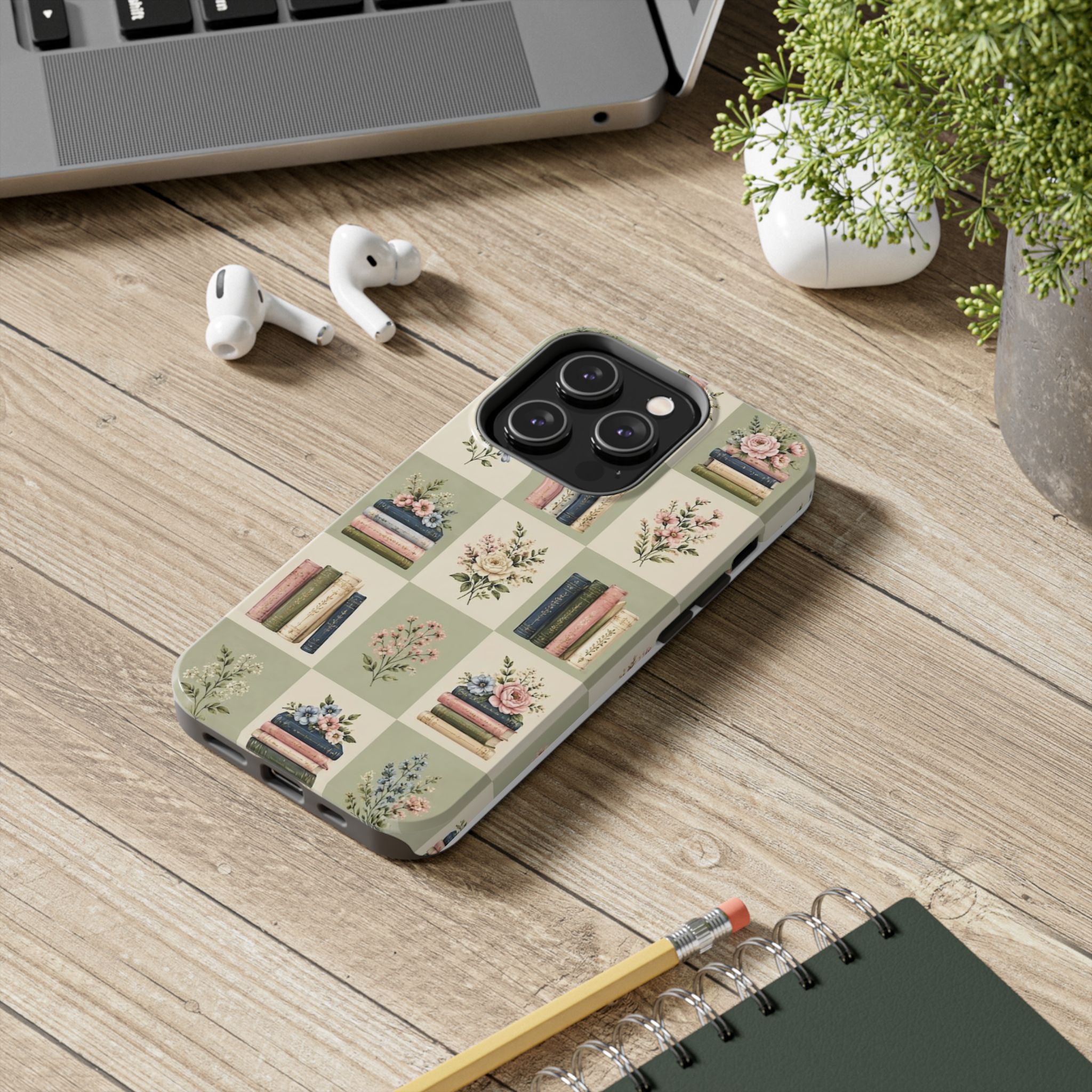 Floral Bookshelf Tough Phone Case — Vintage Floral & Stacked Books Pattern