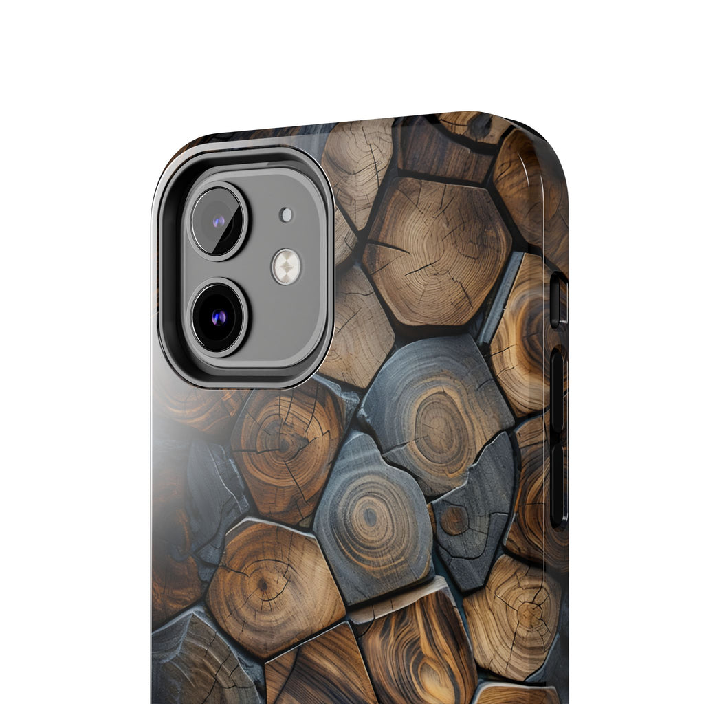 Woodgrain Hex Pattern Tough Phone Case — Rustic Log Cross-Section Design