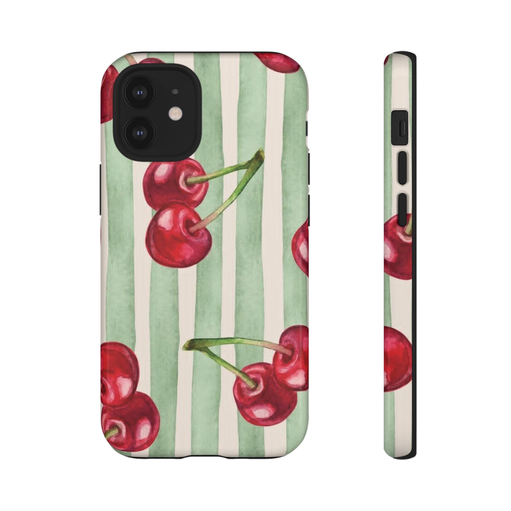 Cherry Stripe Phone Case – Retro Watercolor Cherries on Mint Stripes