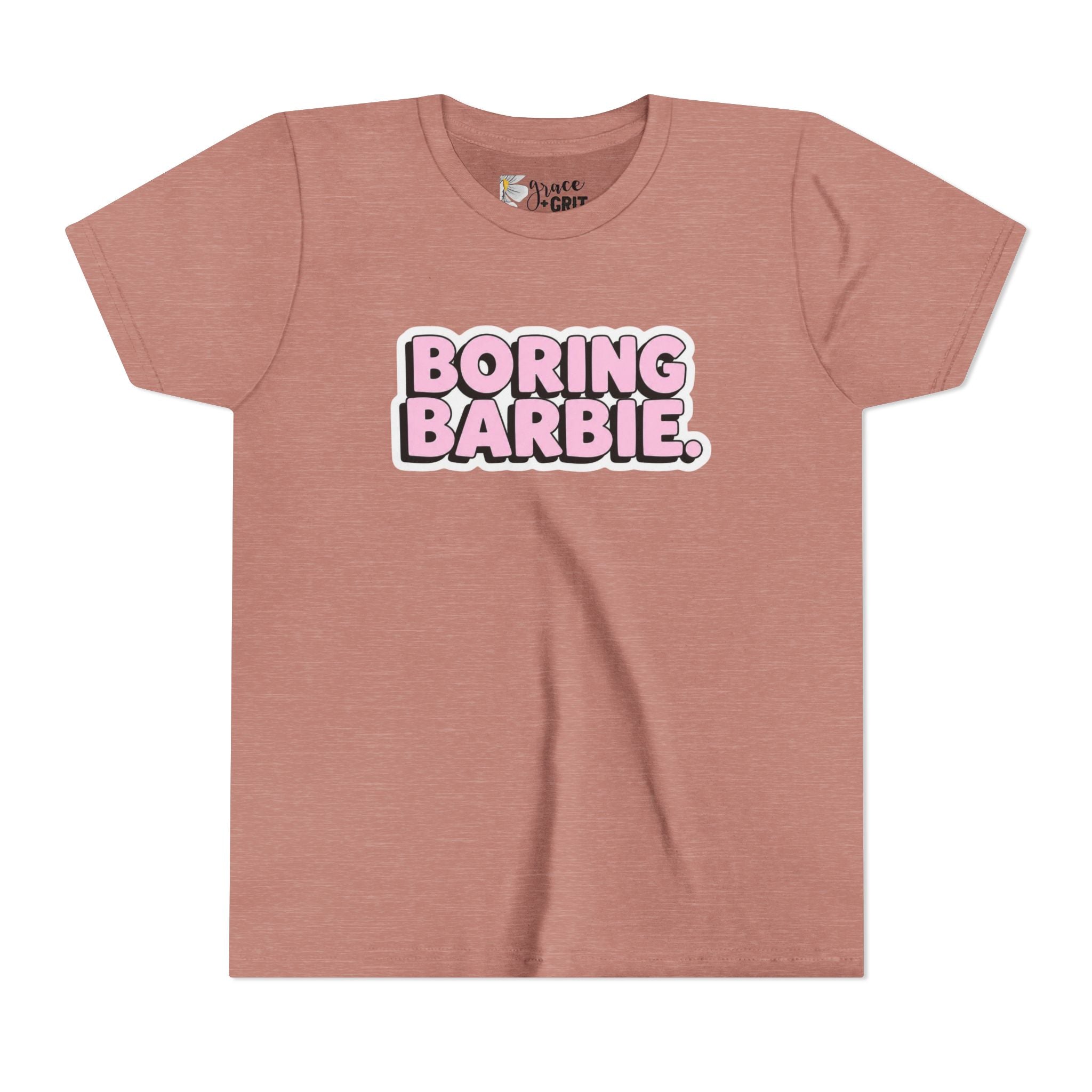 Youth Tee — "Boring Barbie" Pink Bubble Letter Graphic