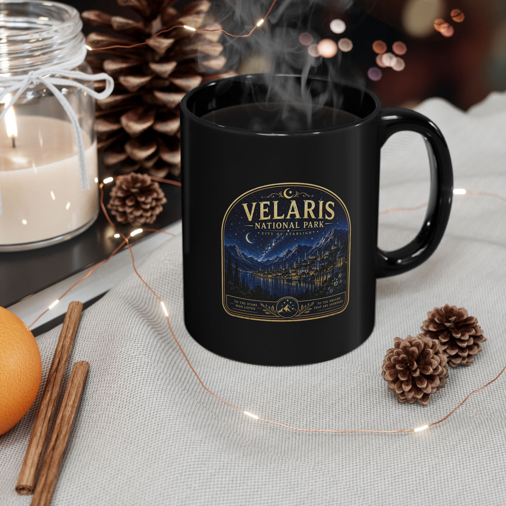 Velaris National Park Mug — Black Coffee Cup with Night Sky Cityscape